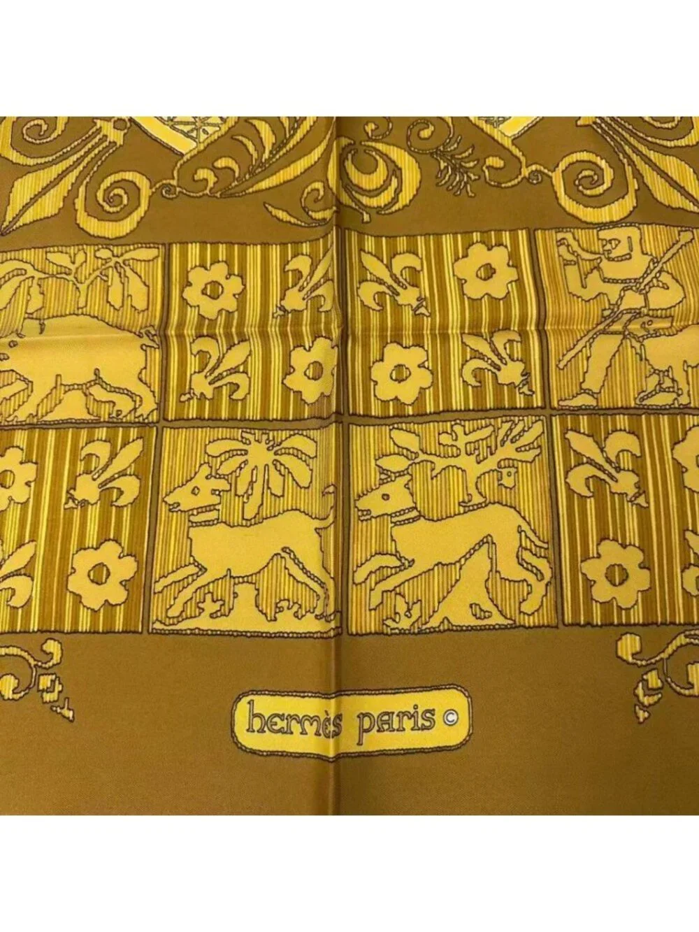 Hermes Scarf Carre 90 Silk Hourvari Hunting Dog Style Yellow